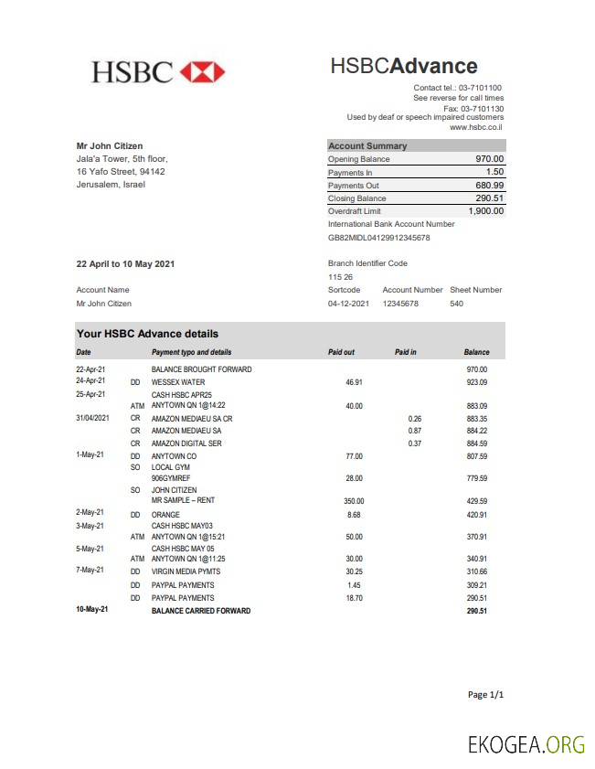 Relevé bancaire HSBC d'Israël, modèle facile à remplir au format Excel et PDF